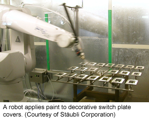 A robot is applicable paint to ornamental switch dish covers (Due To Stäubli Corporation)