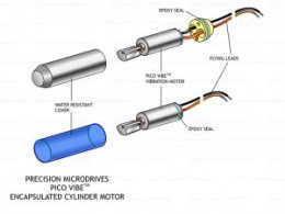 A simplified exploded diagram of a encapsulated vibration engine, the ERM is shown as just one product becoming put into the plastic or material casing