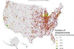 Annual averages of motor vehicle parts manufacturing establishments, by county, 2010