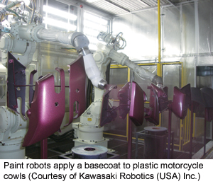 Paint robots apply a basecoat to plastic bike cowls (due to Kawasaki Robotics (USA) Inc.)