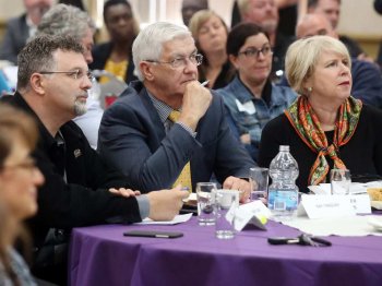 Unifor Local 444 president Dino Chiodo, left, auto adviser Ray Tanguay and Deputy Premier Deb Matthews hear automotive specialists during Windsor Essex local Chamber of Commerce Policy & Solutions discussion board presented on Caboto Club on 11, 2016.